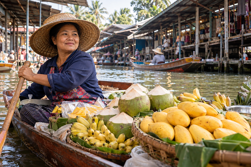 Vendedora sonriente en bote con mango, cocos y plátanos en un mercado flotante rodeado de canales y puestos de madera.