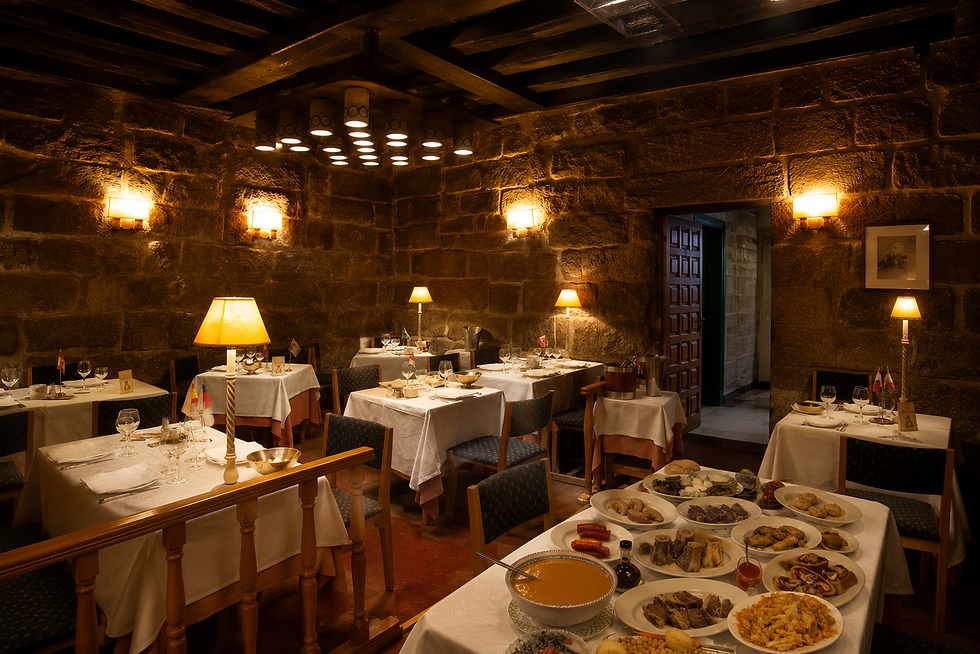 Comedor de piedra con luz cálida, mesas puestas y buffet de platos servidos; ambiente elegante y acogedor.