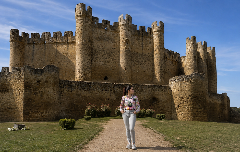 Mujer de pie en un sendero frente a un castillo medieval de piedra, bajo un cielo azul despejado.