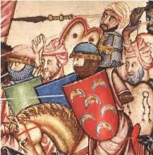 Caballeros medievales a caballo con escudos rojos y azules, en plena batalla, con rostros tensos y fondo de combate.