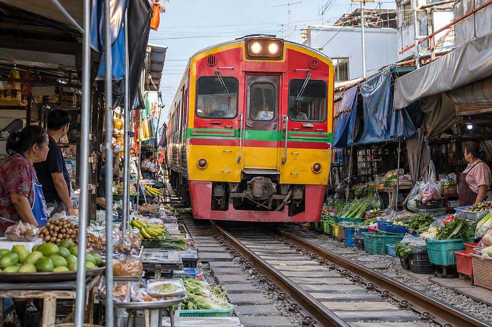 Tren rojo y amarillo avanza entre puestos de mercado con frutas y verduras; vendedores lo miran en una calle estrecha.