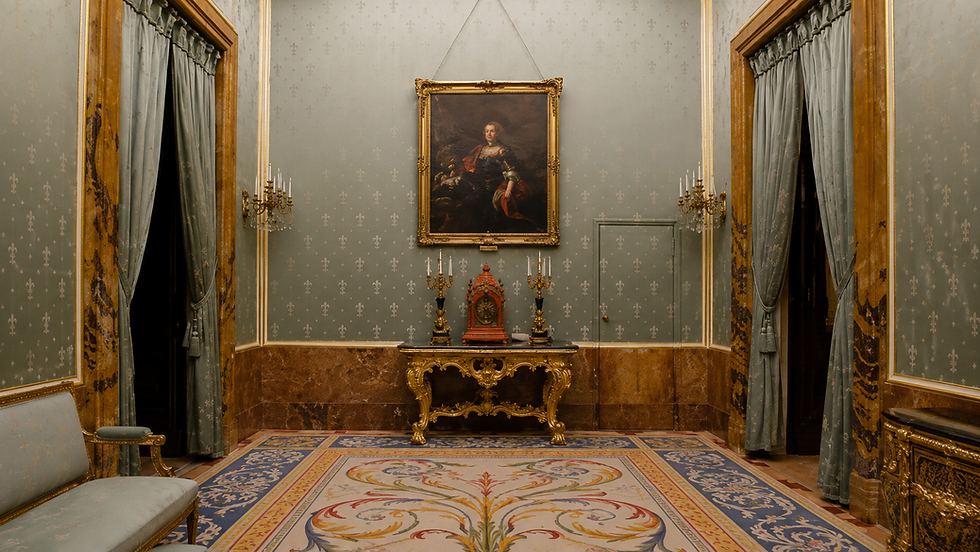 Salón palaciego vacío con retrato enmarcado, reloj rojo, candelabros dorados y cortinas verdes sobre alfombra ornamental.