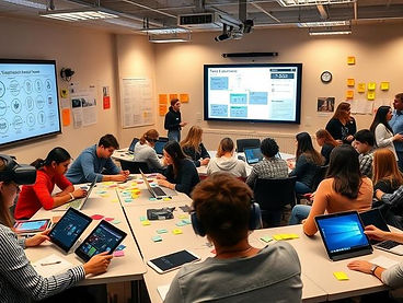 group of people in a classroom looking at a screen