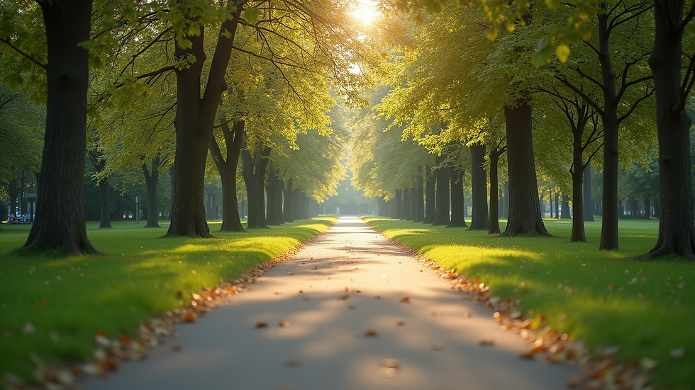 Eye-level view of a serene park with a walking path