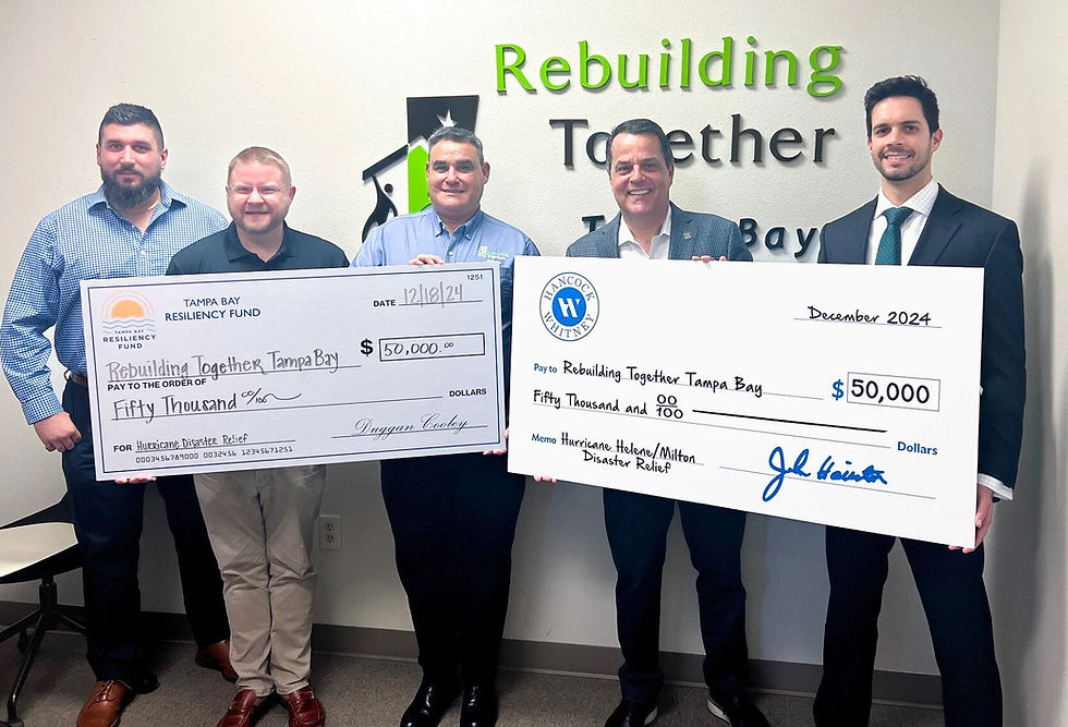 Pictured from L-R: Justin Coles – Rebuilding Together Tampa Bay; Duggan Cooley – Pinellas Community Foundation/Tampa Bay Resiliency Fund; Jose Garcia - Rebuilding Together Tampa Bay; Tim Coop – Hancock Whitney; Carlos Valdes – Hancock Whitney
