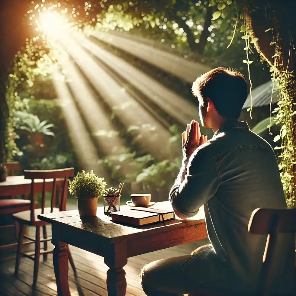 A person sitting quietly at an outdoor table with an open journal, surrounded by soft sunlight filtering through trees, symbolizing personal growth, gratitude, and a journey toward success and happiness.