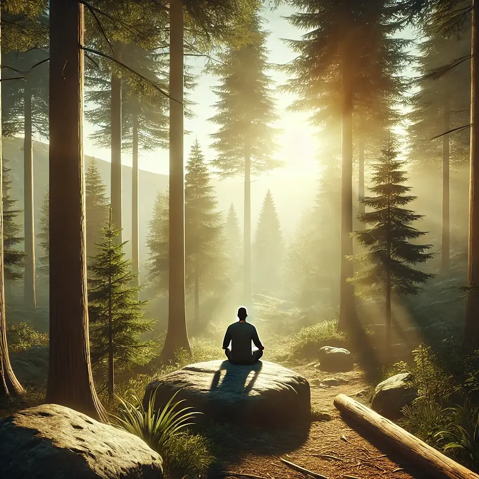A person sitting on a rock in a forest, surrounded by tall trees and gentle sunlight, conveying a sense of introspection, resilience, and inner peace.