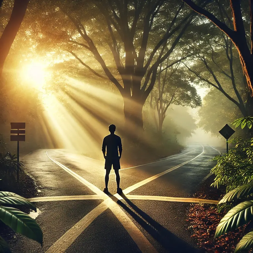 A person standing at a crossroads in nature, reflecting on the balance of life, with sunlight streaming through, symbolizing resilience, growth, and a journey toward fulfillment.