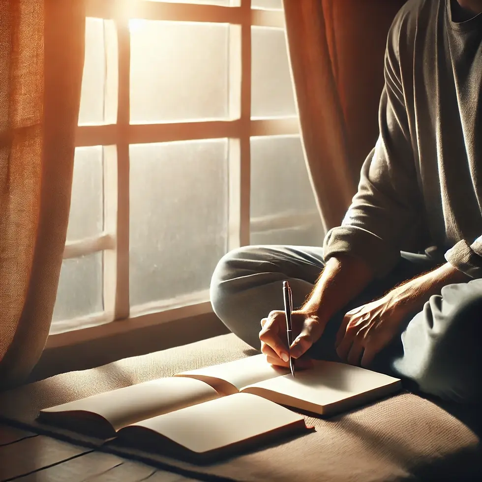 A person sitting by a window in a quiet room, writing a personal statement in a notebook. Soft natural light illuminates the scene, symbolizing self-reflection, personal growth, and the journey of self-improvement through affirmations.
