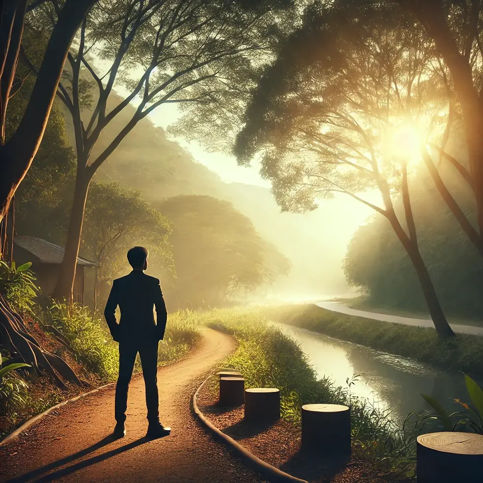 A person standing thoughtfully on a quiet path in a natural landscape, with soft sunlight filtering through trees, symbolizing a reflective journey of defining success and personal fulfillment.