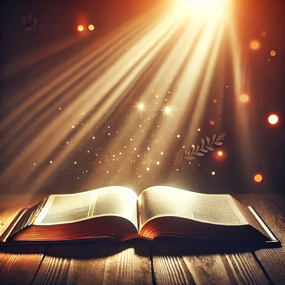 An open Bible in soft, warm light, symbolizing peace, freedom, and the journey of discovering one’s true potential through faith.
