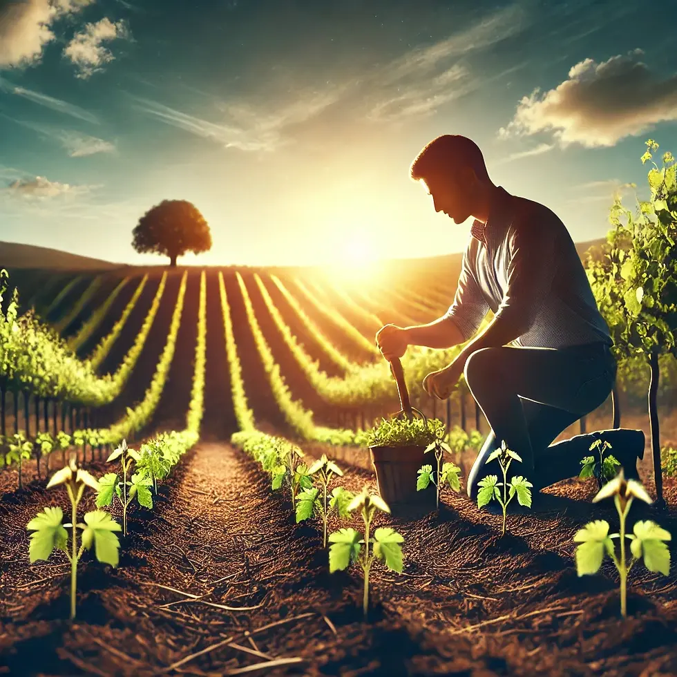 A person working diligently in a vineyard, tending to young grapevines under warm sunlight, symbolizing hard work, patience, and dedication for success.