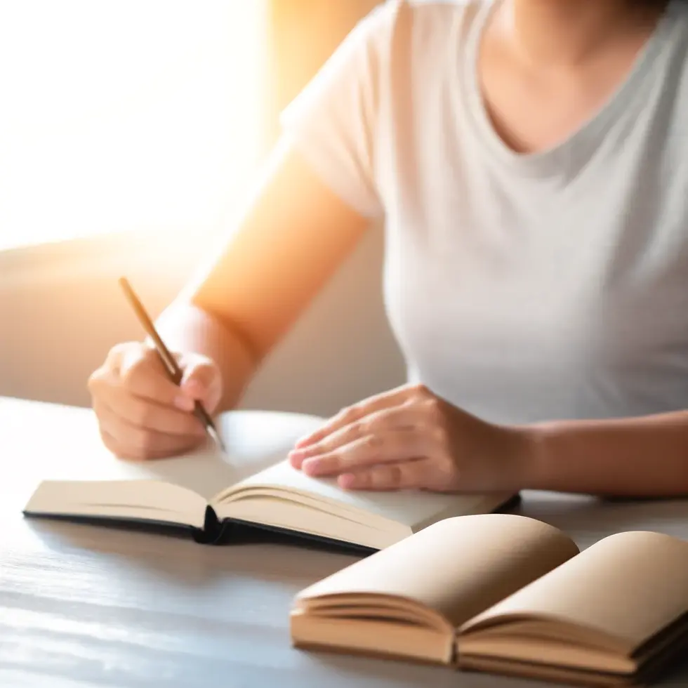 A person sitting with a notebook and a book, symbolizing the journey of learning through reading and writing for personal growth.