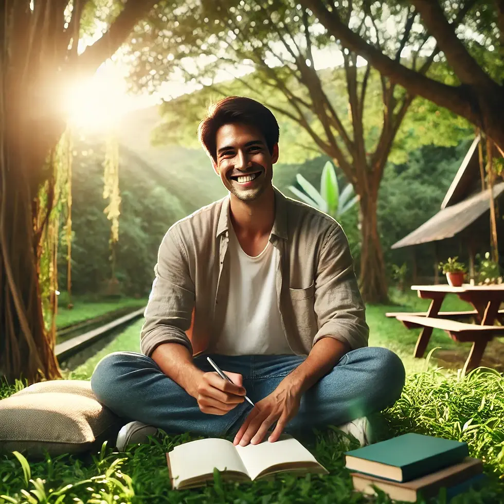 A person sitting outdoors in a peaceful setting, smiling with a notebook and a book nearby, symbolizing positivity, balance, and stress relief.