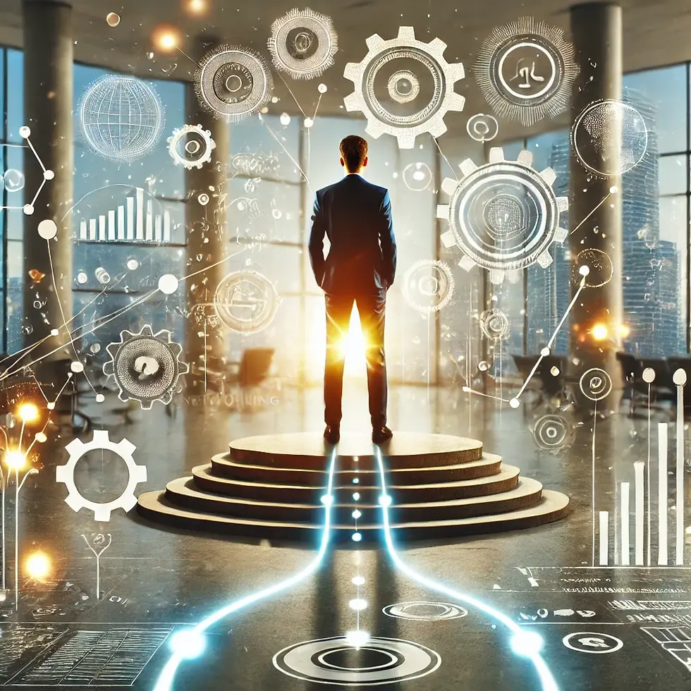 Confident person standing in a modern business environment, symbolizing ambition, growth, and the entrepreneurial journey in the business world.