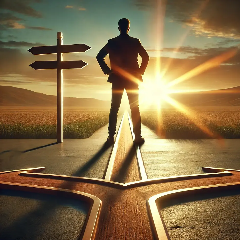 A person standing confidently at a crossroads during sunrise, symbolizing the journey from victimhood to empowerment and the power of choice.