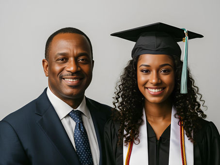 Smiling graduate in cap and gown with a man in a suit beside her on a gray background, conveying pride and happiness.