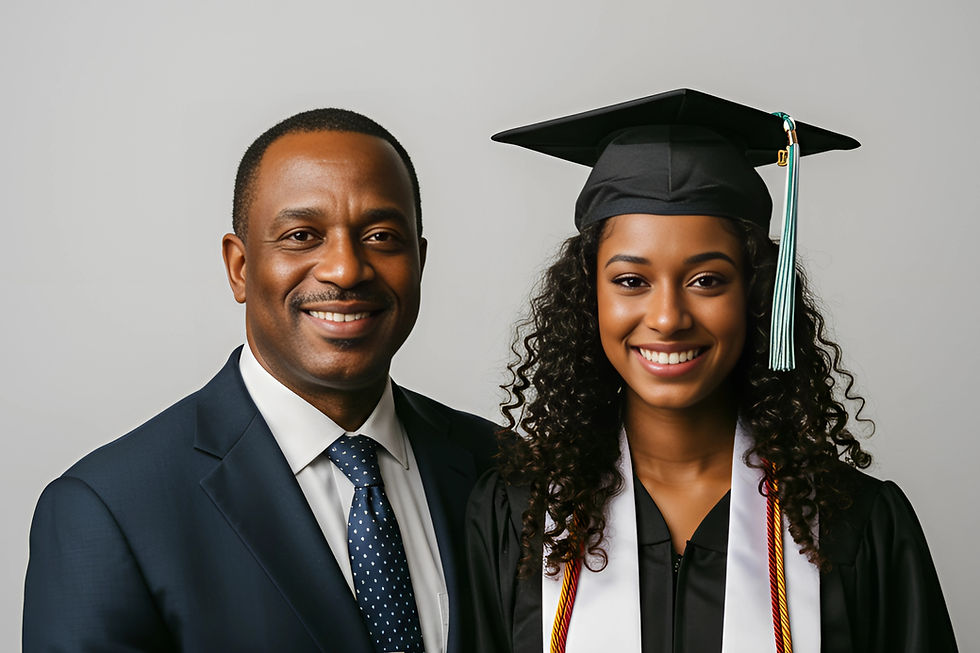 Smiling graduate in cap and gown with a man in a suit beside her on a gray background, conveying pride and happiness.
