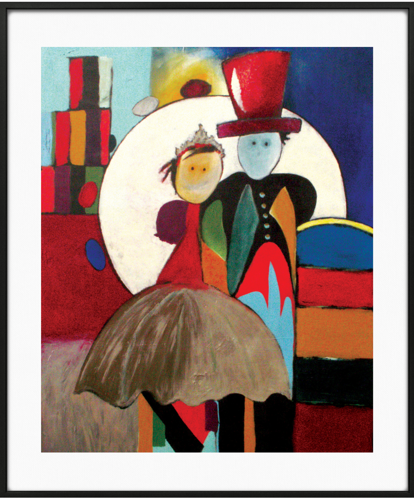 Drawing a couple at a wedding against a moon background and colors