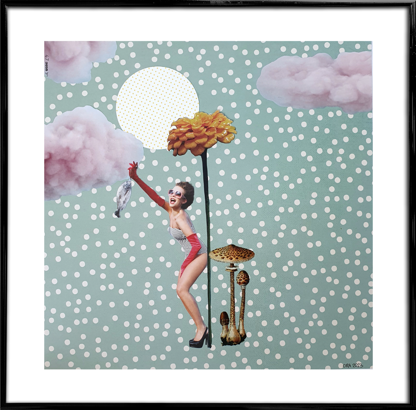 Happy Collage Woman Flower Clouds and Dots