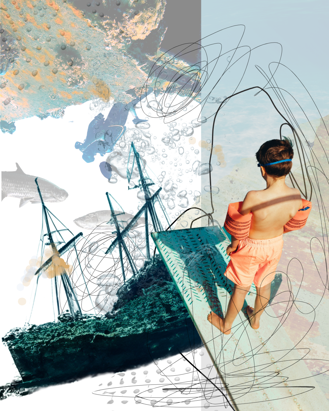 A young boy in orange swim gear stands on a diving board above an imagined underwater scene with a sunken ship, fish, and div