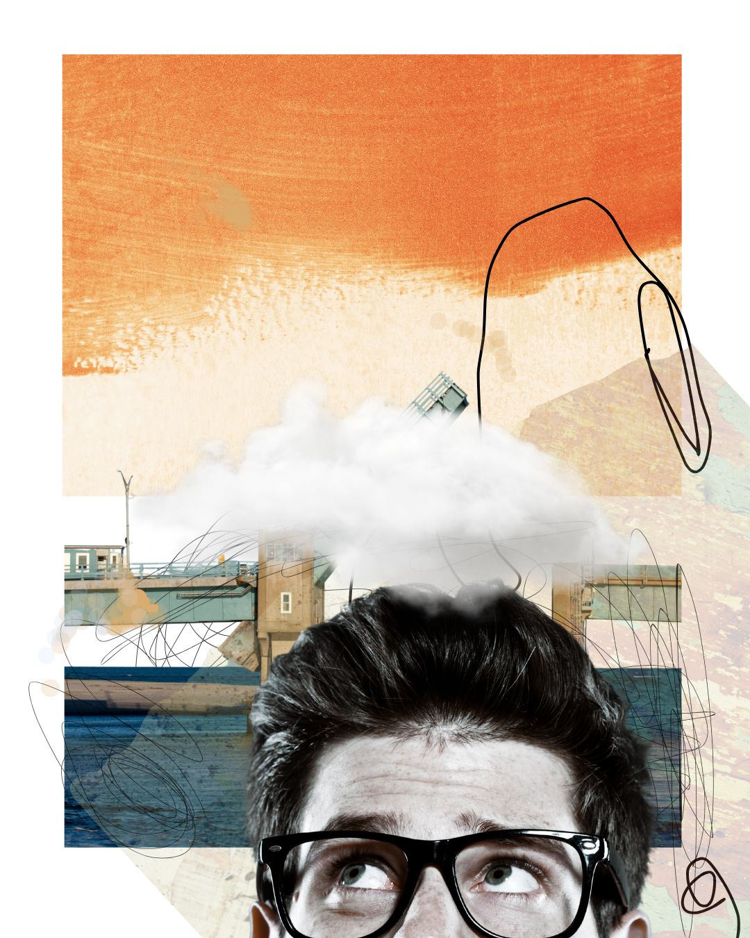 Man with glasses looking up at a white cloud above his head, with urban structures and colorful abstract shapes in the backgr