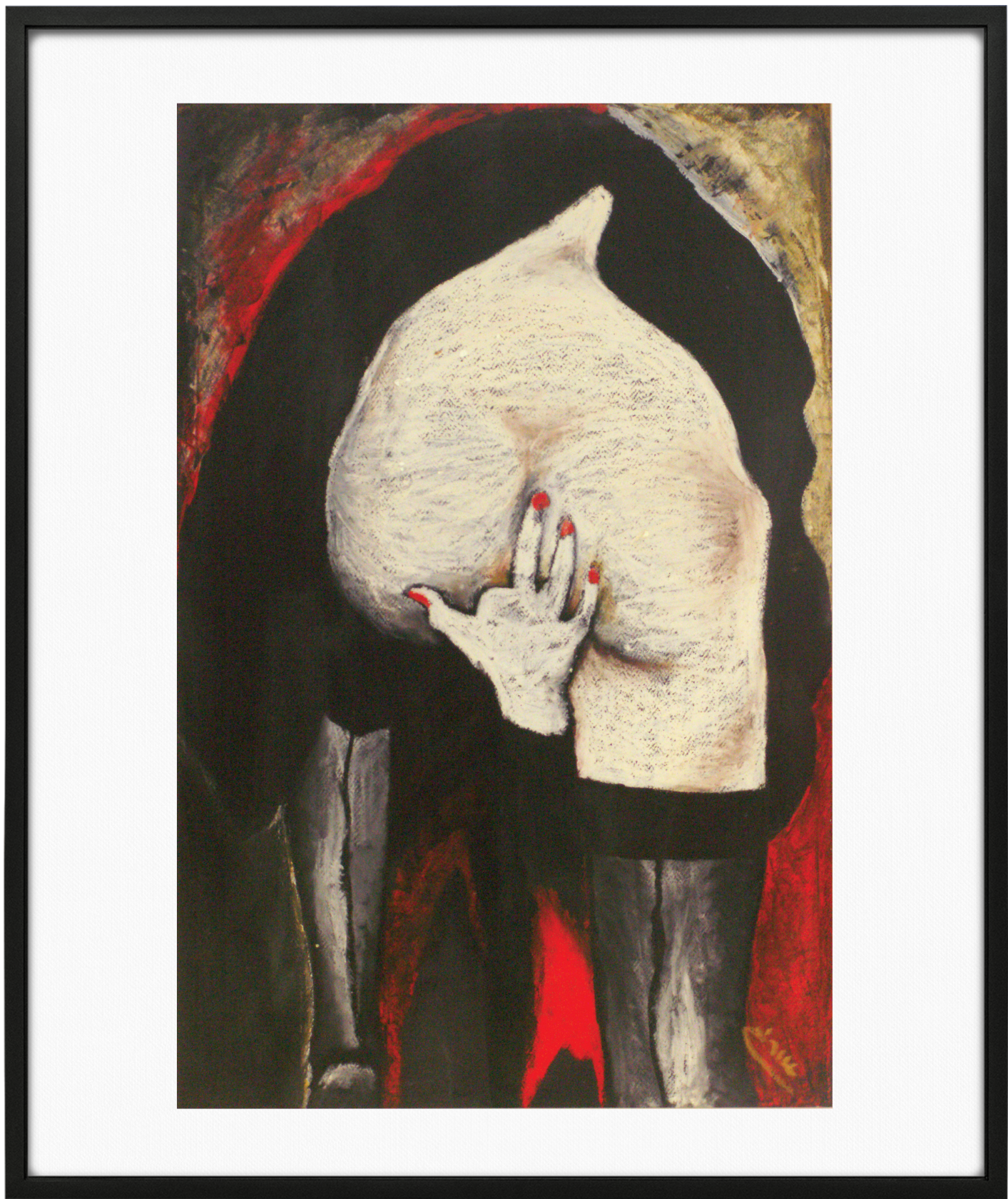 Graphic drawing of buttocks and hands with nail polish