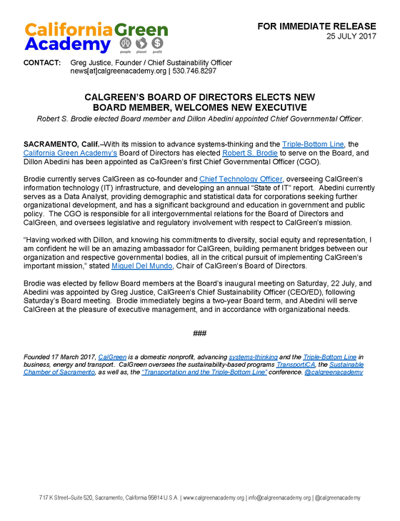 CalGreen's Board of Directors Elects new Members, Welcomes new Executive