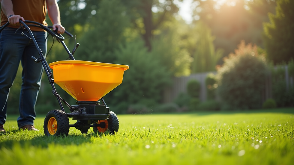 Close-up view of fertilizer spreader on a green lawn