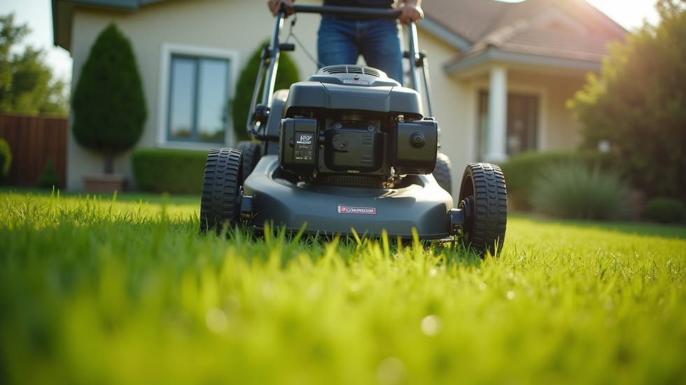 Eye-level view of a professional lawn mower cutting grass in a suburban yard