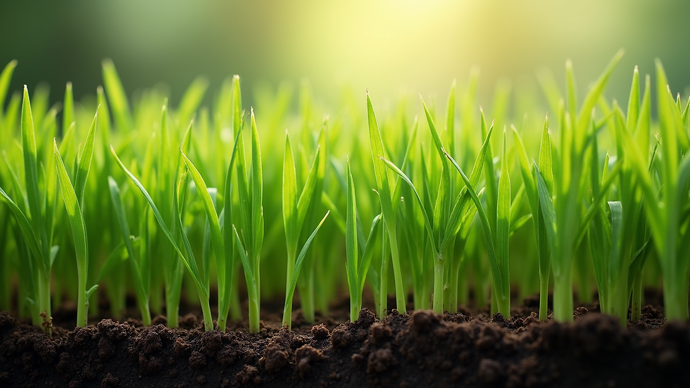 Close-up view of healthy green grass blades showing grassroots
