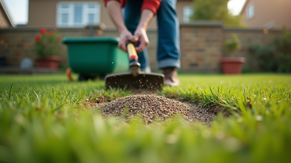 Eye-level view of a gardener spreading grass seed on a patchy lawn