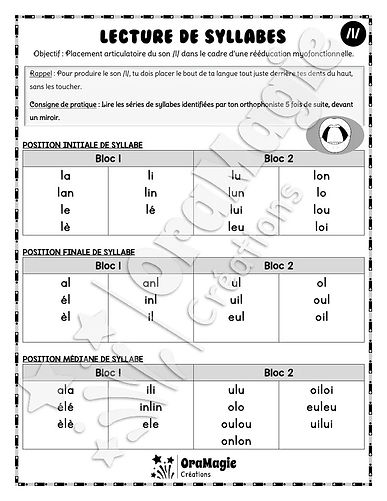 Lecture de syllabes - Placement son -l-