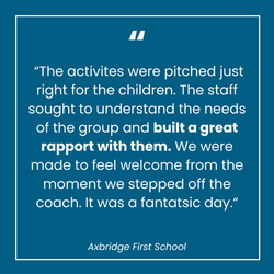 Testimonial from Axbridge First School praising the strong rapport between instructors and pupils during their school residential stay at Mendip.
