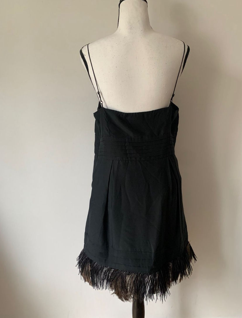 Miniaturbild: Schwarzes Kleid auf einer Schaufensterpuppe mit Federbesatz, Rückansicht, Nahaufnahme.