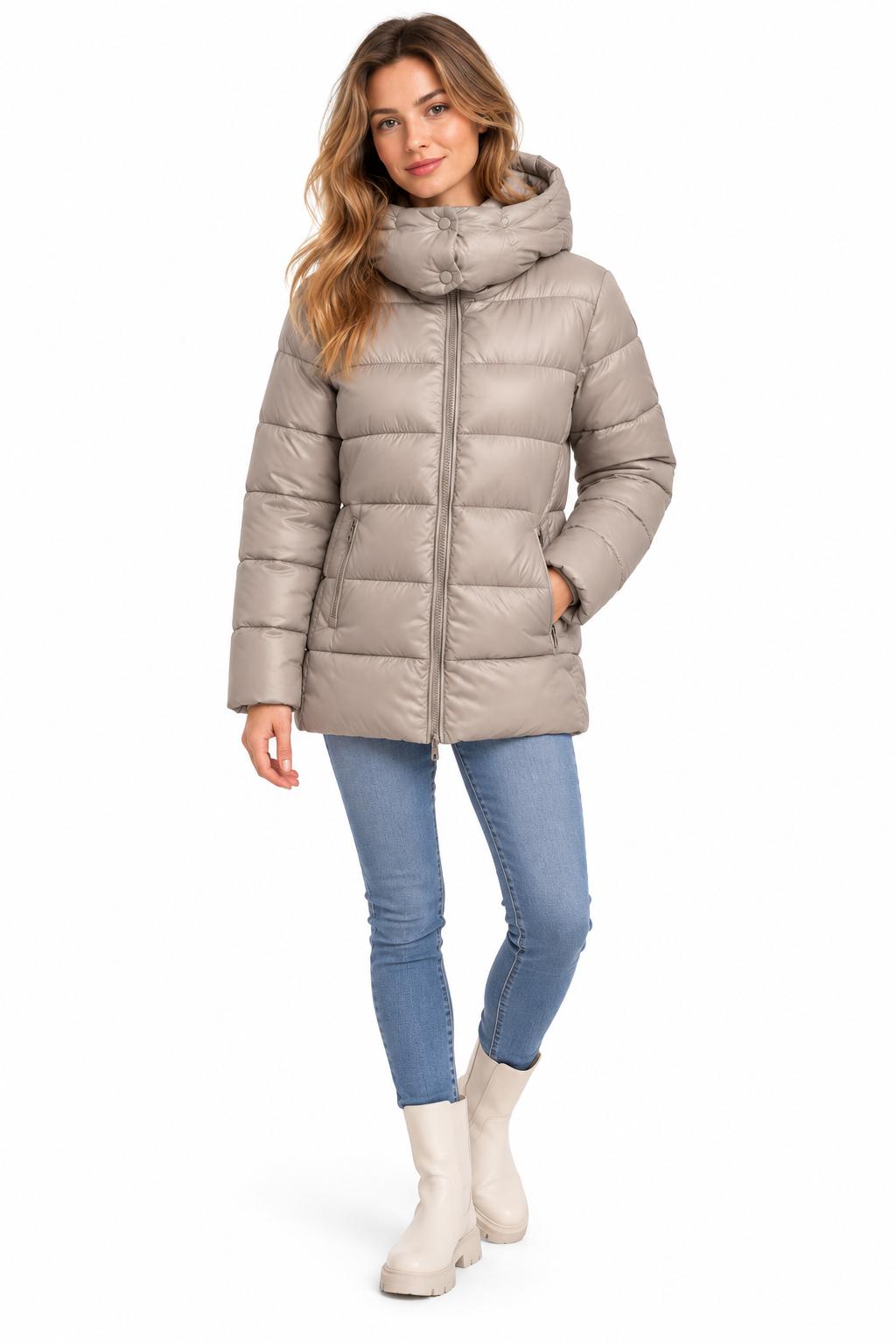 MANGO Taillierte Winterjacke in Greige mit Kapuze Gr. S/M