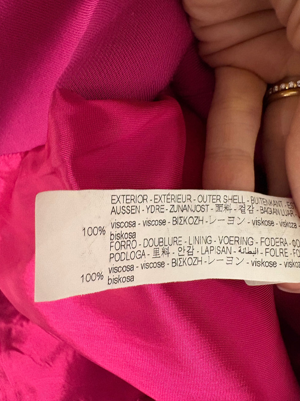Miniaturbild: ZARA label, with visible text: EXTERIOR, 100% Viscose, lining, and more.