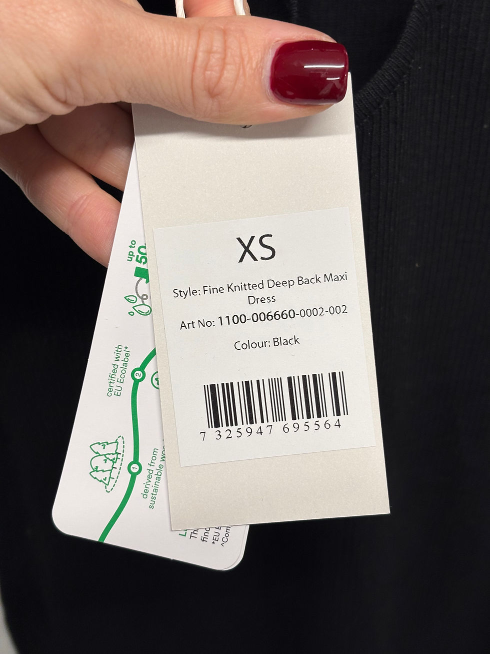 Miniaturbild: XS Label with text. Fine Knitted Deep Back Maxi Dress in Black.