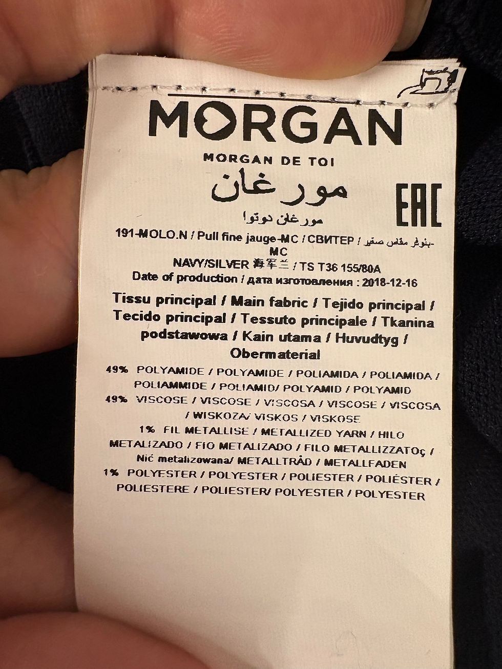 Miniaturbild: MORGAN label with details, material, and information in multiple languages.