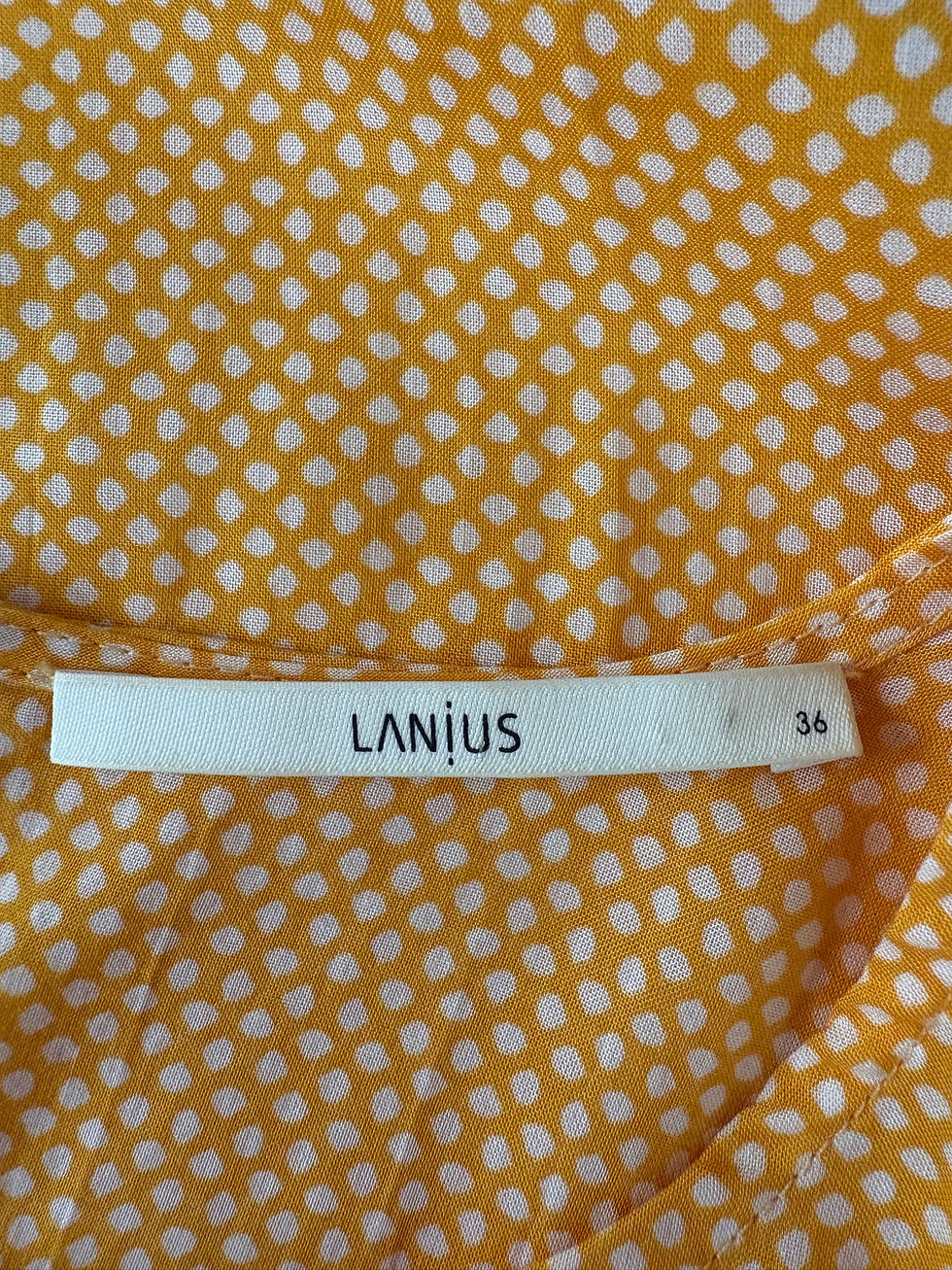 Miniaturbild: Gelbes Kleid mit weißen Punkten und LANIUS-Etikett mit Größe 36.