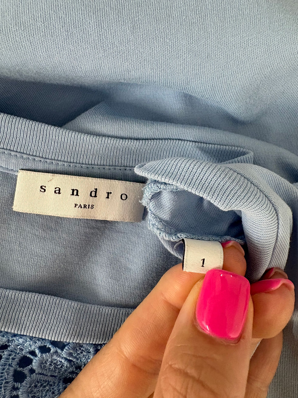 Miniaturbild: Sandro Paris label on blue shirt with the number one visible.