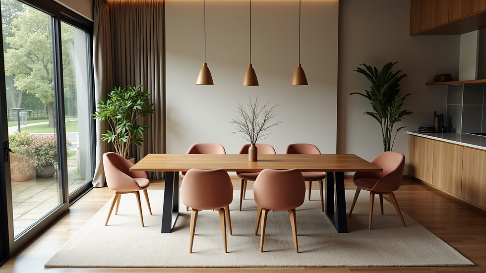 High angle view of a staged dining area with modern furniture