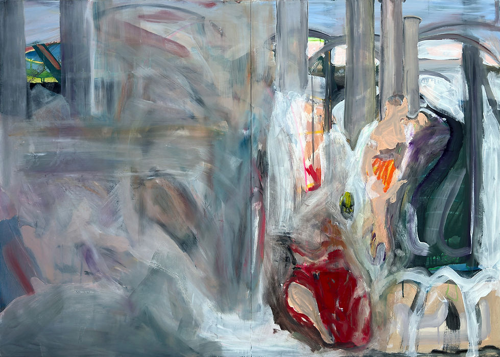 abstract figurative painting with blurred grey-blue spatial fragmens, vertical structures, and red and white body-like forms in an unstable interior space.