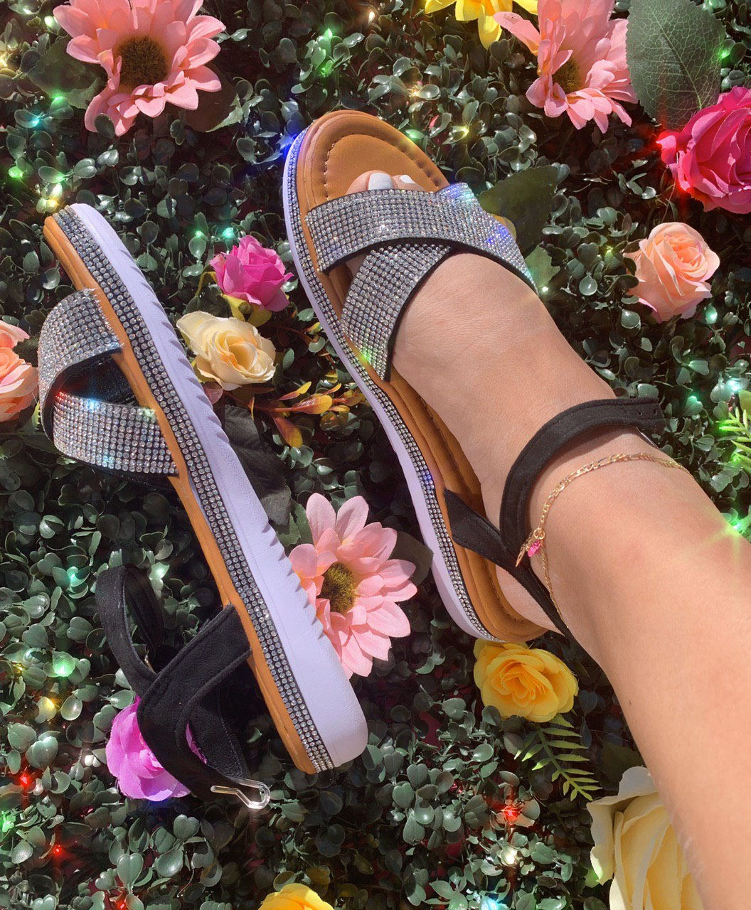 Liliana Black Crystal Embellished Sandals