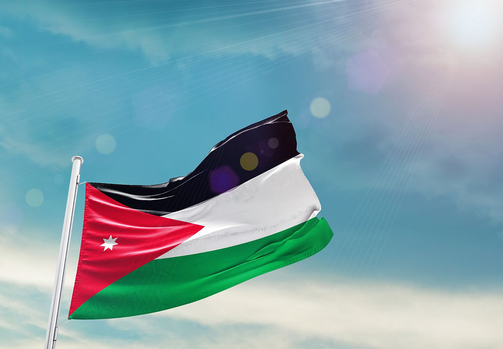 Jordan Flag on pole for Independence day The symbol of the state on wavy cotton fabric_edi