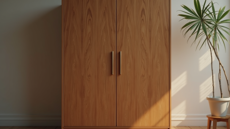 Close-up view of a wooden computer armoire with a closed door