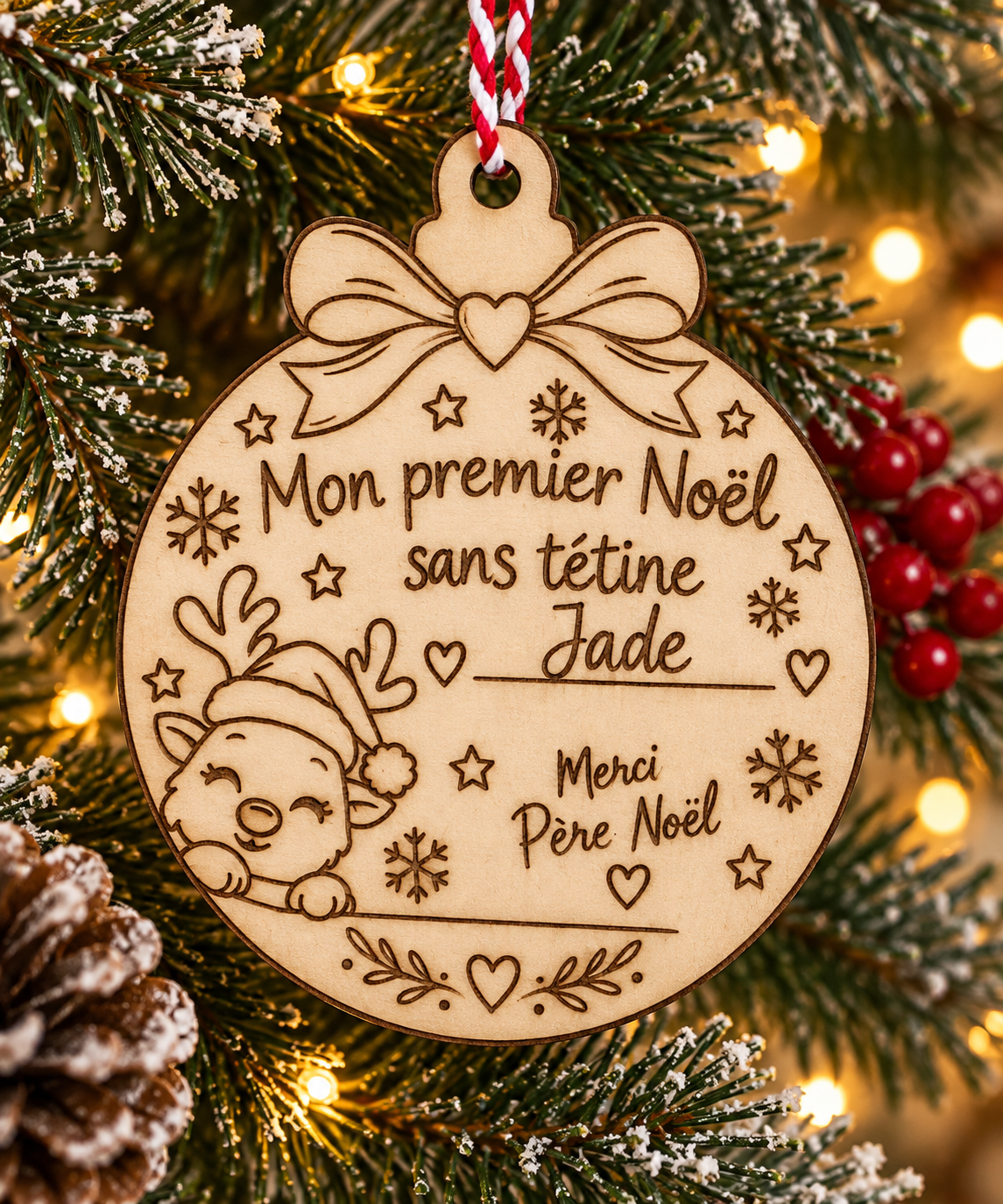 Coffret Mon Premier Noël sans tétine personnalisé avec boîte, boule de Noël, lettre du Père Noël et diplôme du courage