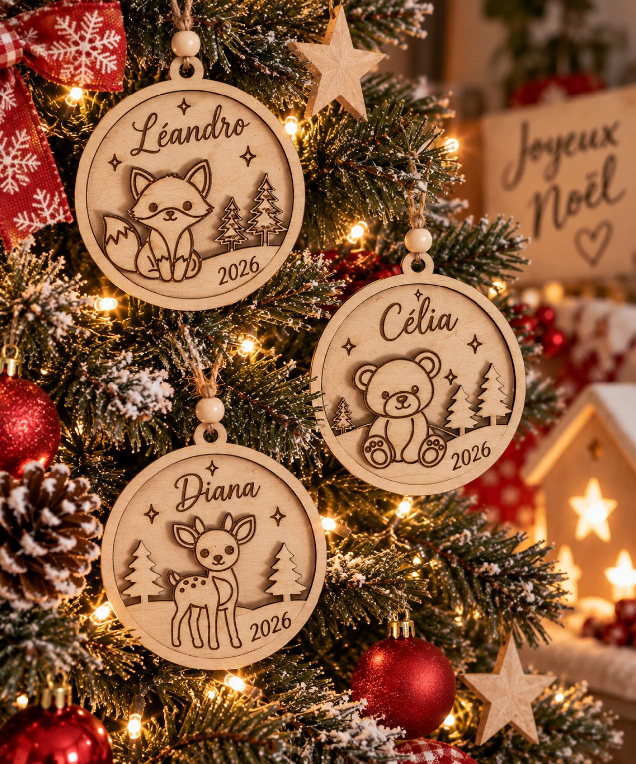 Boule de Noël en bois personnalisée avec prénom – ourson, renne ou renard
