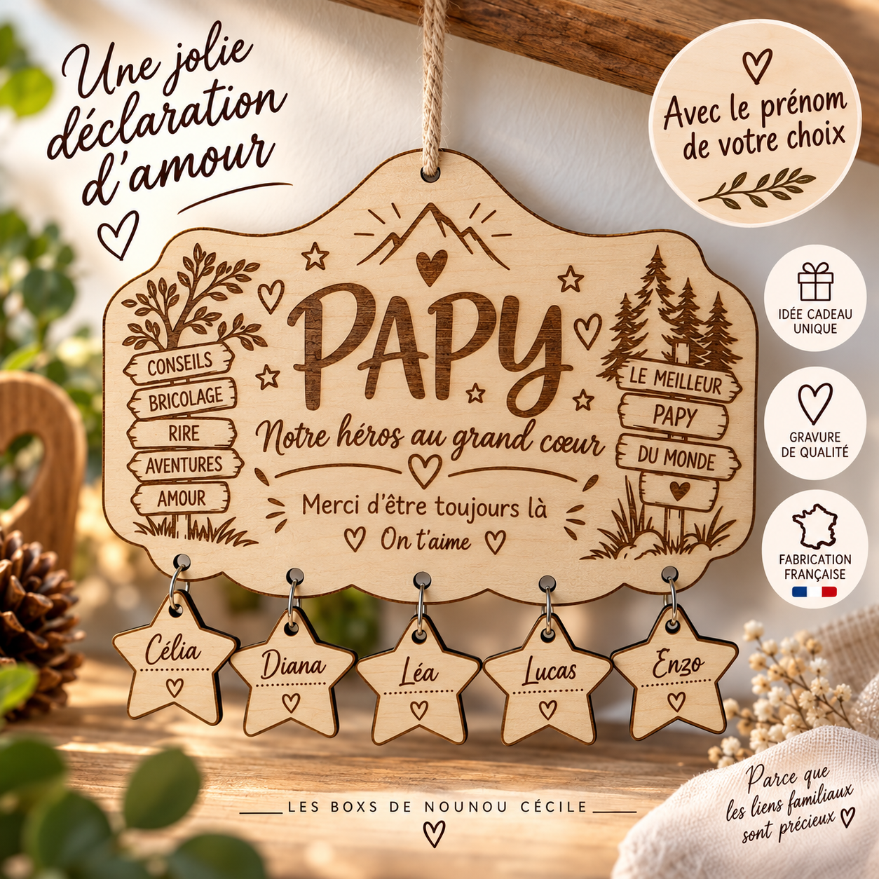 Pancarte en bois personnalisée pour Papy avec prénoms des petits-enfants gravés dans les étoiles
