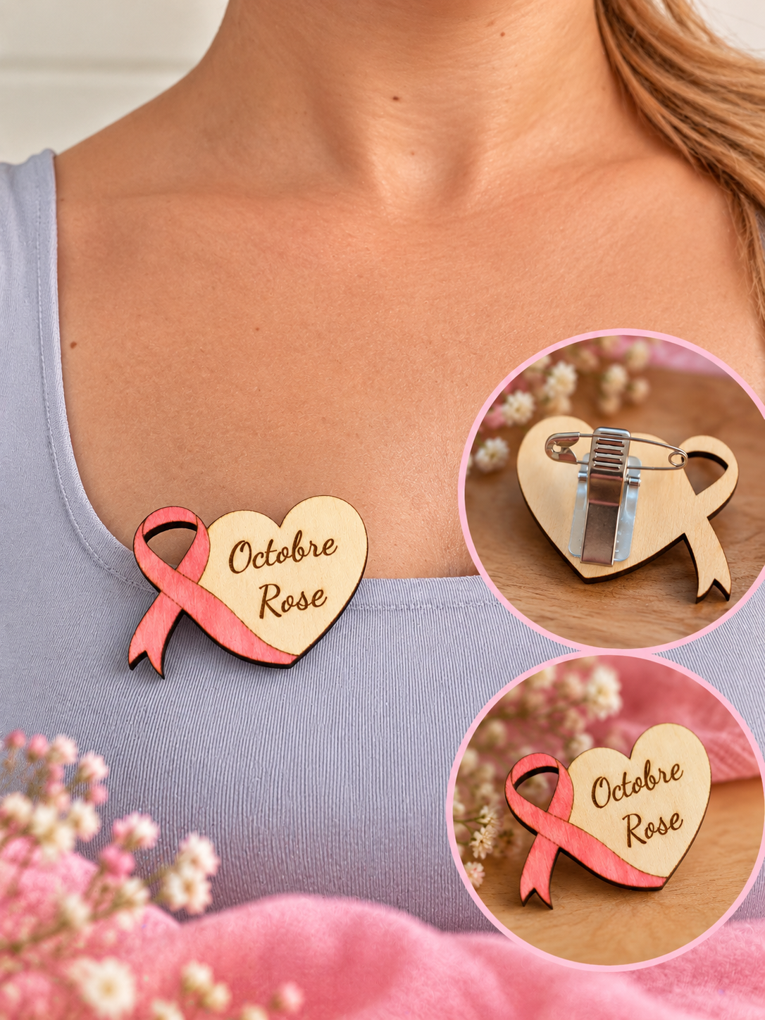 Badge Octobre Rose personnalisable avec ruban rose et message au choix, symbole de solidarité et de sensibilisation au cancer